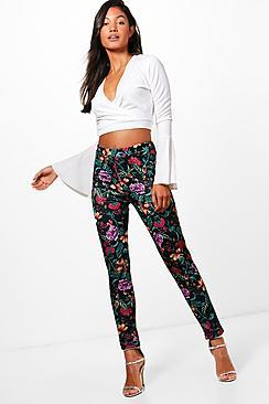 Boohoo Poppy Floral Skinny Stretch Trousers