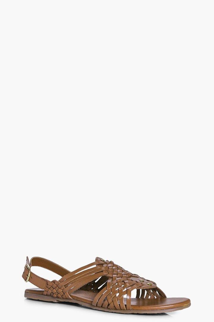 Boohoo Julia Leather Woven Sling Back Flat Tan