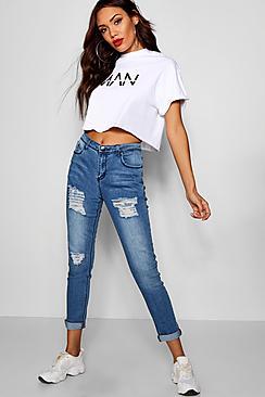 Boohoo Mid Rise Distressed Thigh Skinny Jeans