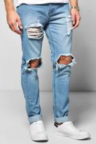 Boohoo Skinny Fit Vintage Wash Rigid Jeans With Open Rips Blue