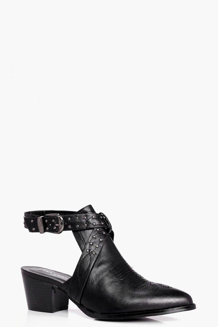 Boohoo Kara Closed Toe Studded Western Shoe Boot Black