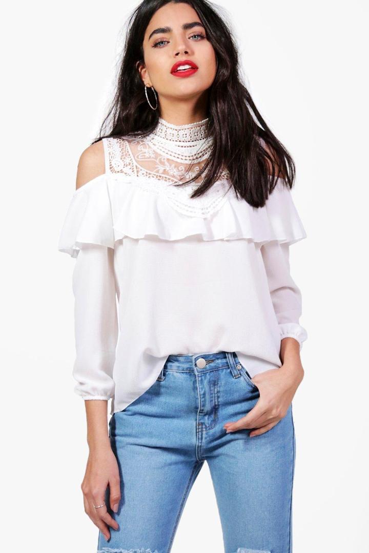 Boohoo Grace Crochet Panel Cold Shoulder Blouse White