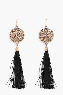 Boohoo Julie Engraved Disc Tassel Earrings