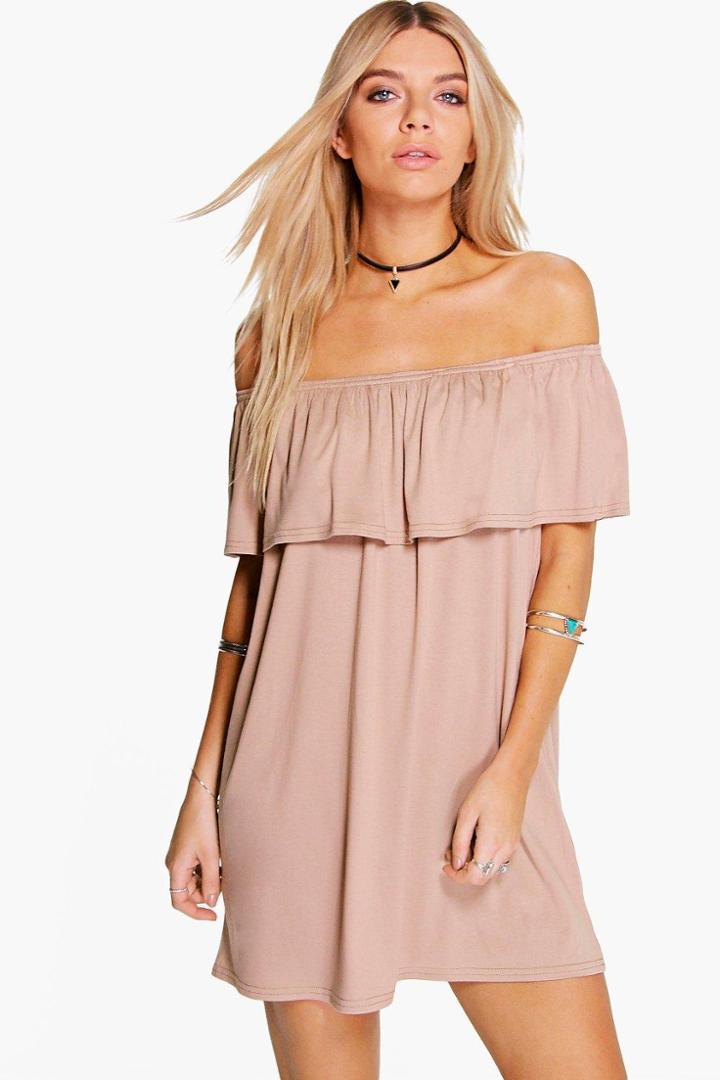 Boohoo Pixie Off The Shoulder Swing Dress Taupe