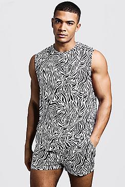 Boohoo Zebra Print Drop Armhole Tank & Swim Short