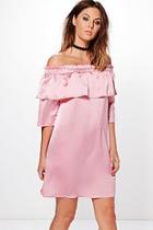 Boohoo Irene Satin Off Shoulder Frill Shift Dress
