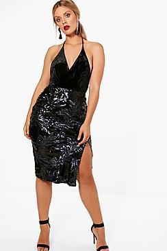 Boohoo Plus Melissa Floral Sequin Thigh Split Midi Skirt