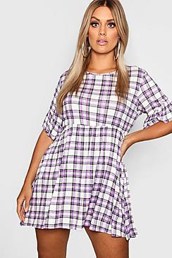 Boohoo Plus Check Ruffle Sleeve Smock Dress