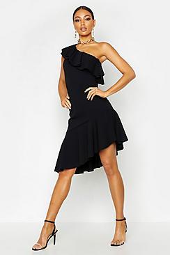 Boohoo One Shoulder Ruffle Crepe Dress