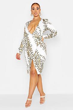 Boohoo Plus Chain Print Plunge Wrap Over Midi Dress