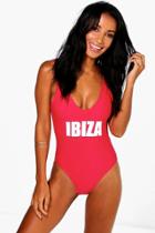 Boohoo Ibiza Scoop Neck Slogan Bathing Suit Red