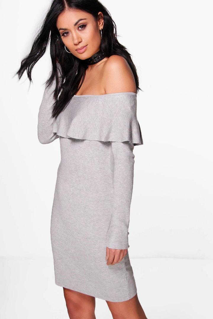 Boohoo Abigail Ruffle Bardot Jumper Dress Grey