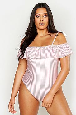 Boohoo Plus Stripe Cold Shoulder Swimsuit