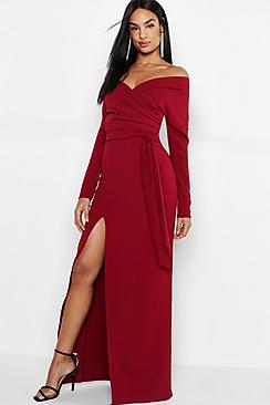 Boohoo Tall Off The Shoulder Thigh Split Maxi Dress