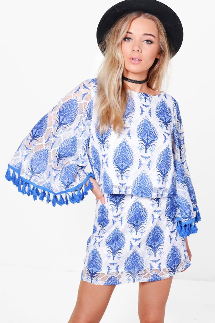 Boohoo Becky Printed Mesh & Fringe Skirt Co-ord Blue