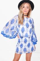 Boohoo Becky Printed Mesh & Fringe Skirt Co-ord Blue