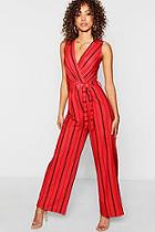 Boohoo Stripe Wrap Tie Detail Jumpsuit