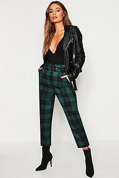Boohoo Heritage Check Belted Highwaist Peg Trouser
