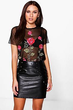 Boohoo Jessa Embroidery Print Mesh T-shirt