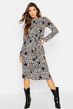 Boohoo Leopard Star Print High Neck Belted Midi Dress