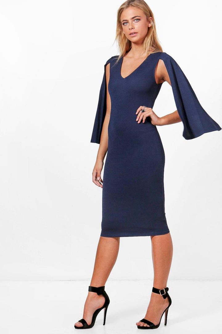 Boohoo Francesca Cape Sleeve Fitted Dress Navy