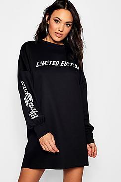 Boohoo Limited Edition Printed Balloon Sleeve Sweatshirt Dress