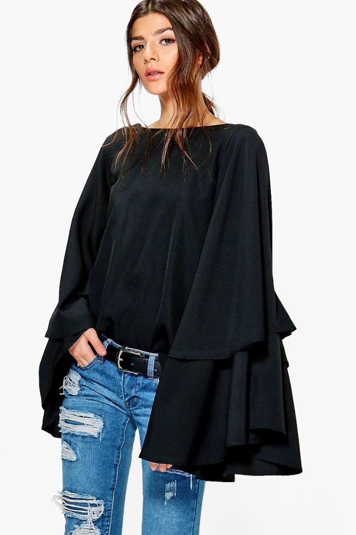 Boohoo Grace Exaggerated Tiered Sleeve V Back Top Black