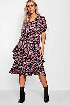 Boohoo Plus Bella Ditsy Printed Ruffle Midi Dress