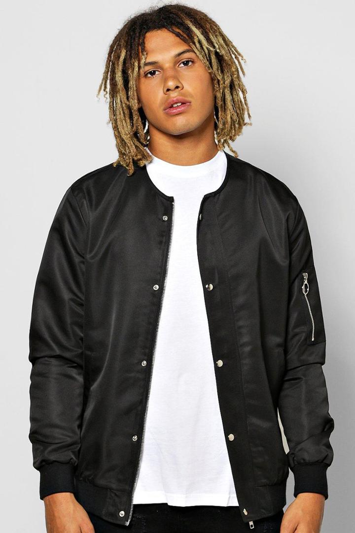 Boohoo Collarless Button Through Nylon Bomber Black