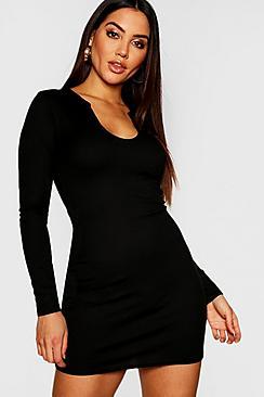Boohoo Rib Knit Long Sleeve Bodycon Notch Neck Dress