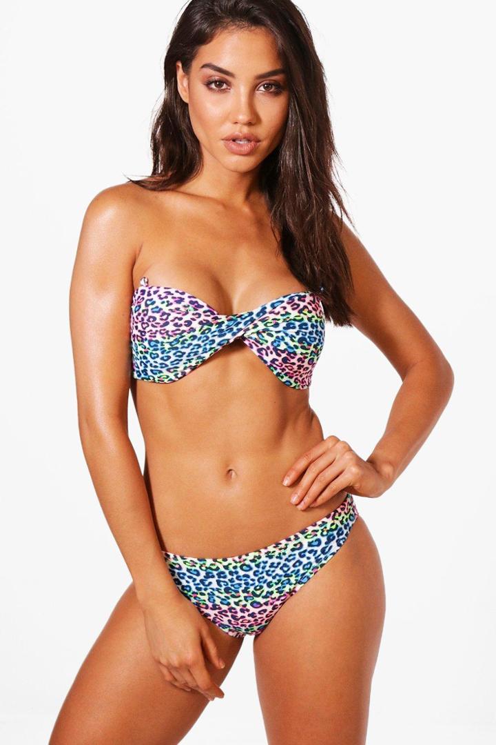 Boohoo Prague Animal Print Twist Bandeau Bikini White