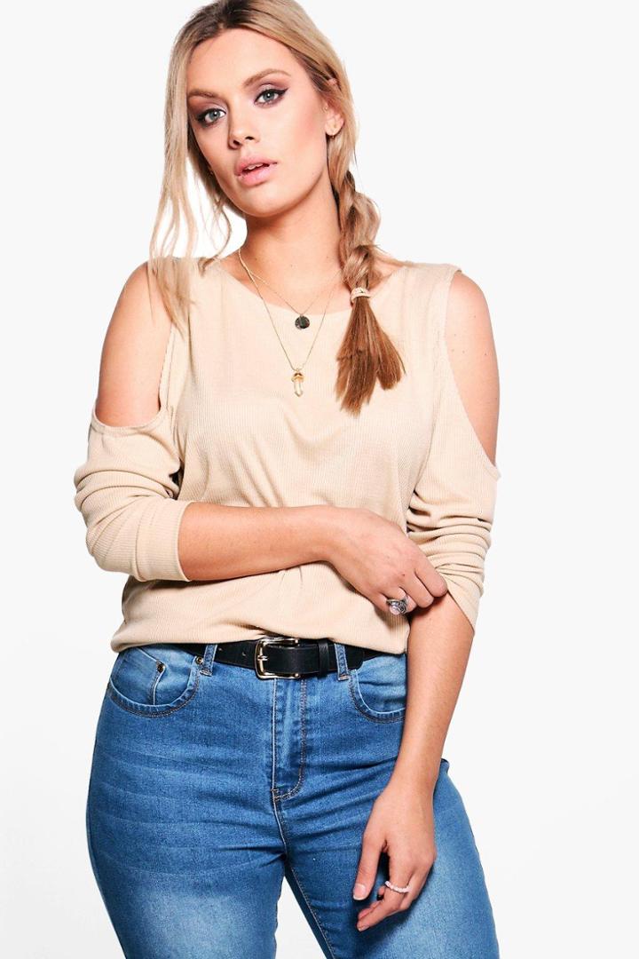 Boohoo Plus Maya Cold Shoulder Knitted Tunic Sand