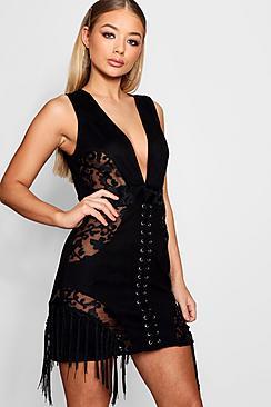 Boohoo Di Lace Up Suedette Fringed Bodycon Dress