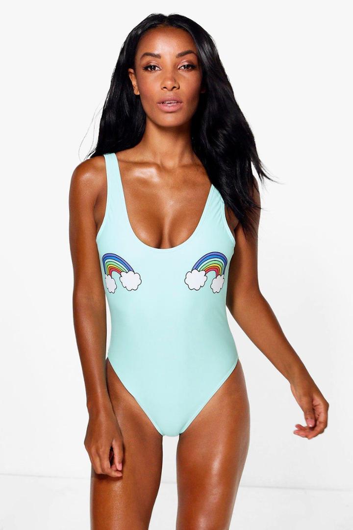 Boohoo Cyprus Rainbow Scoop Neck Bathing Suit Mint