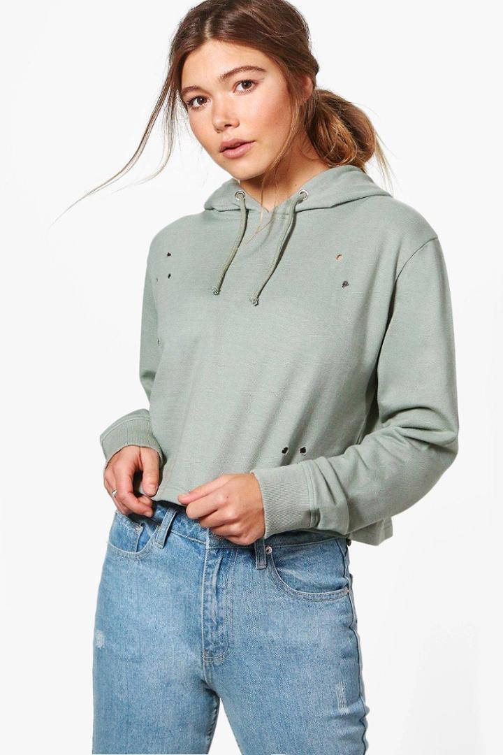 Boohoo Willow Distressed Washed Hoody Sage