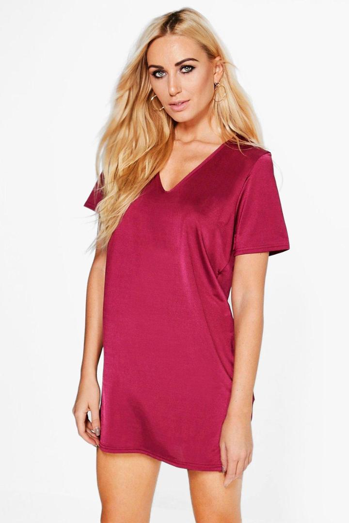 Boohoo Aida V Neck Slinky Shift Dress Berry