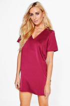 Boohoo Aida V Neck Slinky Shift Dress Berry