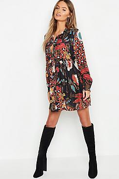 Boohoo Boho Mix Print Oversized Smock Dress