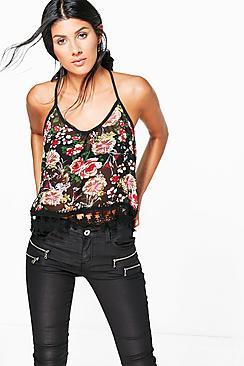 Boohoo Lola Printed Cami With Crochet Trim