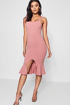 Boohoo Square Neck Frill Hem Split Detail Midi Dress