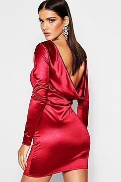 Boohoo Satin Cowl Back Long Sleeve Mini Dress