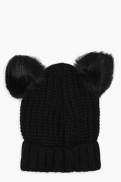 Boohoo Double Faux Fur Pom Ribbed Beanie