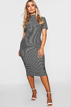 Boohoo Plus High Neck Cap Sleeve Ribbed Stripe Midi Dress