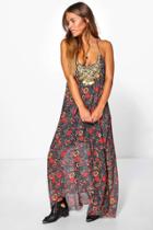 Boohoo Petite Tasha Floral Print Hanky Hem Dress Black