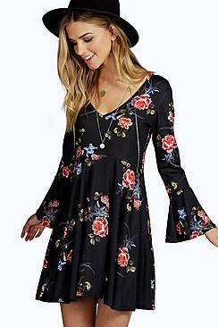Boohoo Marie Floral Fluted Sleeve Smock Dress