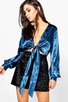 Boohoo Katherine Satin Knot Front Long Sleeve Blouse Blue