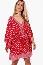 Boohoo Plus Alison Cold Shoulder Printed V Neck Skater Dress