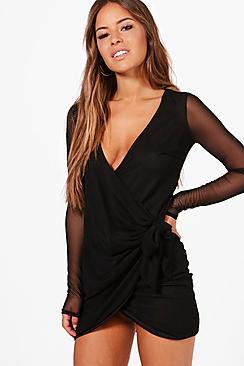 Boohoo Petite Sarah Mesh Drape Knot Detail Dress