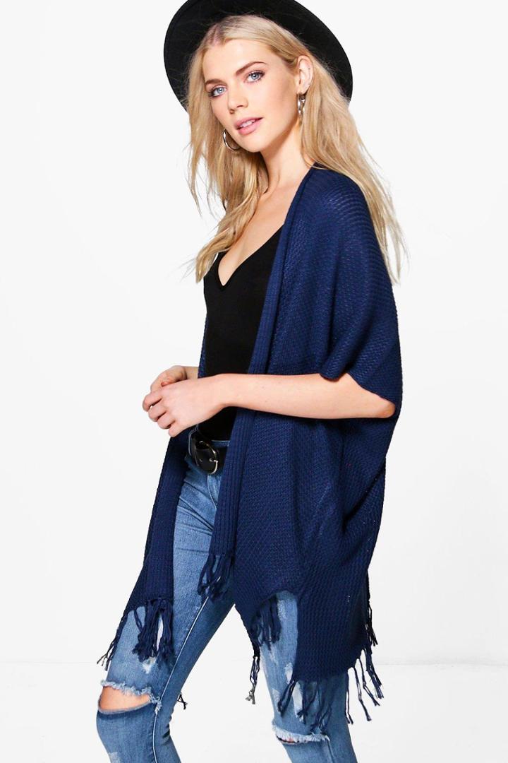 Boohoo Hannah Fringed Sleeve & Hem Cardigan Navy