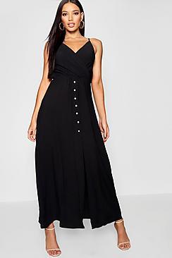 Boohoo Button Through Split Shirred Waist Maxi Dress